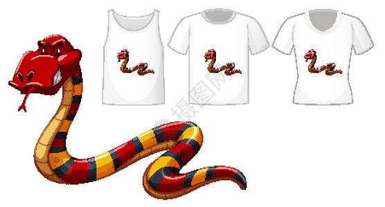 白色背景上有多种衬衫的红蛇卡通人物高清图片