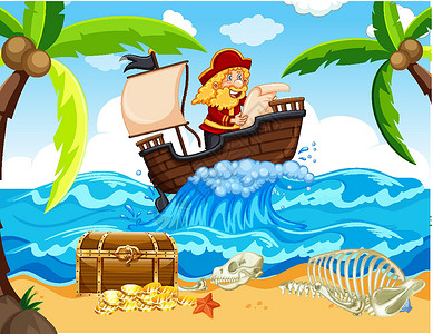 船之骨架与海盗航行在 se 的场景插画