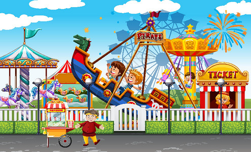 活动设施有许多游乐设施和快乐儿童的主题公园场景活动马戏团享受滚筒插图孩子们庆典车轮孩子海盗插画