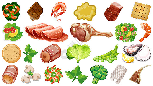 广式腊肠一套新鲜食品配料艺术沙拉收藏夹子海鲜绘画蔬菜插图团体卡通片设计图片