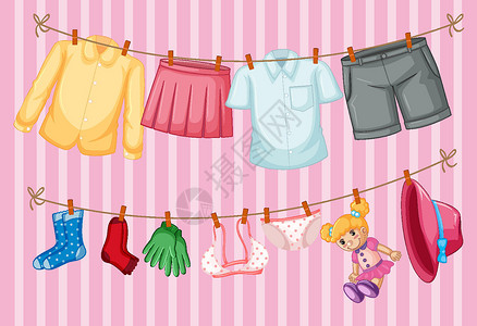 真人夹娃娃挂在粉红色背景上的衣服设计图片