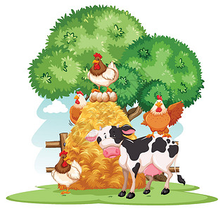 树林里鸡远处有许多动物的农场场景羽毛奶牛动物群风景国家绘画干草环境生物卡通片设计图片