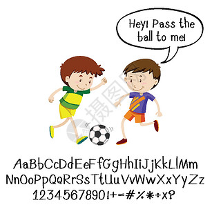 卡通踢足球少年人们在白色背景下行动的英语短语男孩们女士措辞运动闲暇孩子们语言时代青年足球设计图片