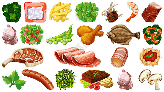 海鲜配料一套新鲜食品配料绘画沙拉海鲜卡通片团体艺术插图寿司夹子收藏设计图片