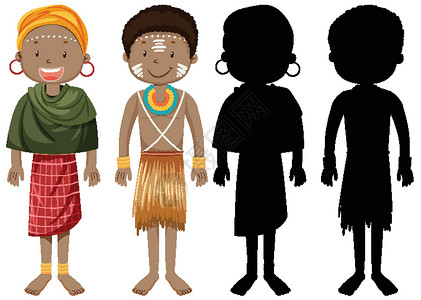 儿童个人介绍素材一组非洲部落人物及其剪影文化戏服黑色绘画村庄青年插图衣服女性男人插画