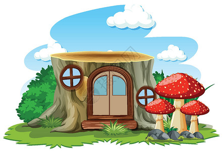 小朋友的树屋白色背景卡通风格蘑菇树桩屋孩子们孩子环境插图框架想像力派对花园基督房子插画