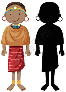 孩子衣服素材一组非洲部落人物及其剪影阴影黑色男人男性女性青年社区衣服村庄绘画插画