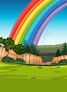 七彩彩虹与草地和天空卡通风格背景植物绘画插图环境艺术绿色卡通片蓝色夹子背景图片