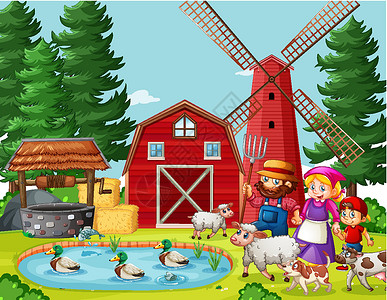 有谷仓和风车场景的农场里的老麦克唐纳孩子溪流仓库歌曲孩子们行动童年动物生物风景插画