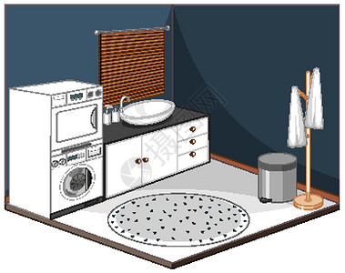 带家具的洗衣房内部建造等距镜子液体房间卡通片住宅建筑建筑学洗衣机图片
