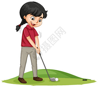 儿童高尔夫打高尔夫的年轻高尔夫球手卡通人物球形男性教育运动员学生幼儿园法庭艺术场景孩子们插画