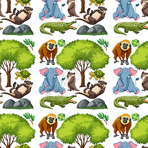 野生可爱的动物和树无缝模式环境卡通片孩子们插图墙纸包装团体植物动物群收藏背景图片