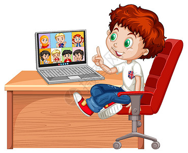 少年时代一个男孩在白色背景下与朋友进行视频会议微笑队友网站童年伴侣青年建筑少年姿势插图插画