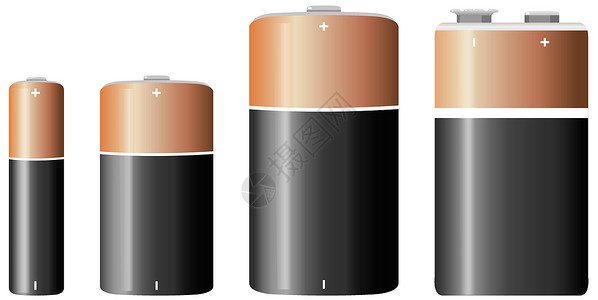 9v电池白色背景上孤立的碱性电池类型尺寸插图金属力量科学活力技术卡通片绘画艺术插画