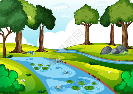 中流击水在自然公园场景中流树叶插图松树天气季节生物风景卡通片绘画天空插画