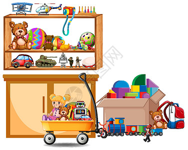 白色背景上装满书籍和玩具的架子孩子球形风景娃娃车皮乐趣艺术机器技术数字插画