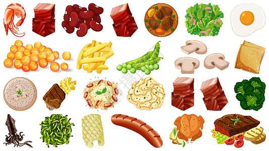 吃虾0一套新鲜食品配料团体海鲜艺术蔬菜收藏插图绘画香肠卡通片乌贼设计图片