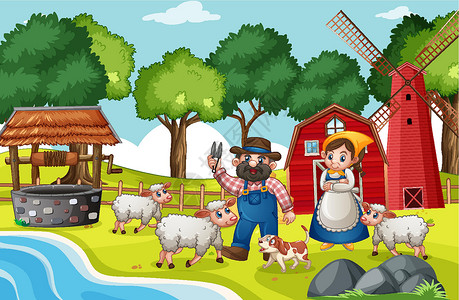 农场童谣场景中的老麦克唐纳青年苗圃风车插图风景孩子们行动活动动物群环境插画