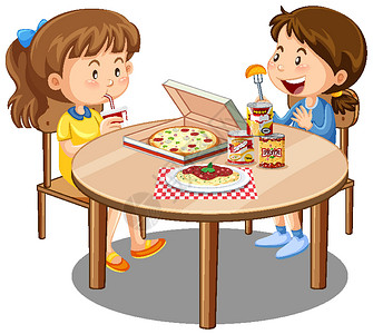 两个孩子两个可爱的女孩喜欢在白色背景的桌子上吃东西插画