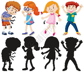 不同时代的剪影一组不同的孩子及其剪影插画