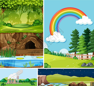 自然环境卡通风格中的四个不同场景收藏面具森林观光环境团体沼泽天空插图树叶背景图片