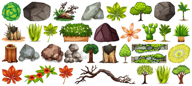 石头收藏素材白色背景上孤立的一组不同性质艺术岩石树叶花园环境风格团体树桩植物叶子设计图片