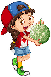 小女孩挑瓜戴帽子的加拿大女孩站着拿着瓜插画