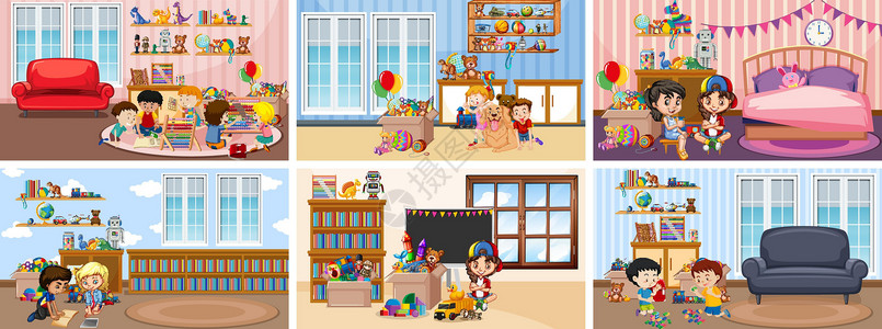 做游戏的孩子六个场景 孩子们在不同的房间里做活动图书馆小组托儿所微笑客厅娃娃房子插图学校建筑插画