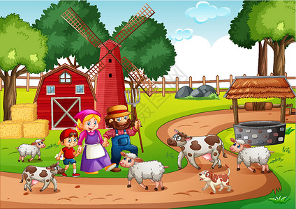 农场童谣场景中的老麦克唐纳羊肉苗圃婴儿奶牛农业生物谷仓犬类孩子们动物插画