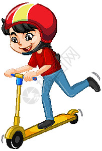 红色滑板车穿着红色衬衫的女孩在白色背景上骑着滑板车插画