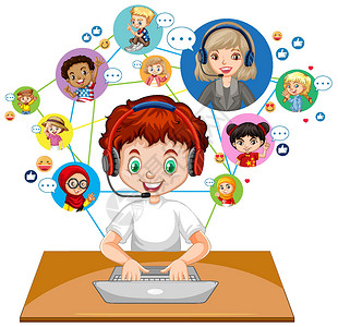 新时代好少年一个男孩在白色背景下使用笔记本电脑与老师和朋友进行视频会议的前视图时代朋友们屏幕伴侣男生卡通片房子学习好朋友插图设计图片