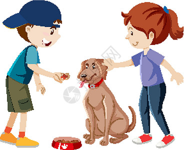 吃狗粮的男孩两个孩子练习和喂养他们的狗卡通片插画