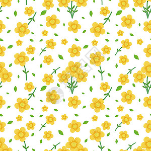 无缝模式与可爱的黄色花朵和 lea环境包装卡通片装饰风格绘画植物团体墙纸插图背景图片
