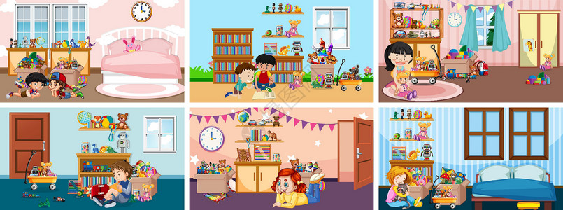 做游戏的孩子六个场景 孩子们在不同的房间里做活动男孩们孩子喜悦风景行动娃娃架子小组卡通片玩具插画