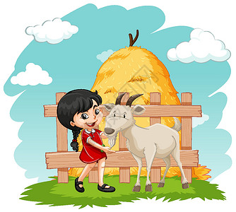 干草远处的小女孩和山羊插画