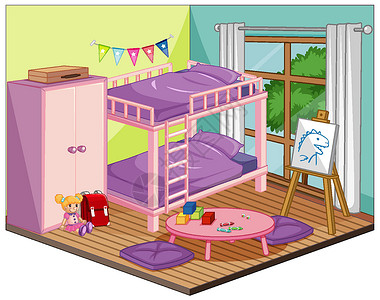 儿童房间家具女孩卧室内部配有粉红色的家具和装饰元素等距插图展示建筑女性孩子们孩子玩具房子枕头插画