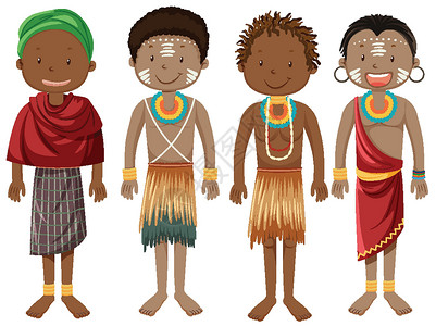 个人绘画素材传统服装卡通人物中的非洲部落民族村庄夹子青年绘画卡通片文化艺术衣服戏服孩子插画