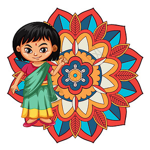 曼陀罗图案设计背景与印度女孩微笑瞳孔圆圈瑜伽艺术品女性女士喜悦孩子涂鸦情感设计图片