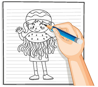游动中章鱼水母服装大纲中的少女手绘图设计图片