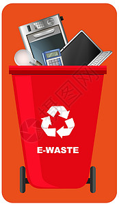 电脑垃圾红色背景上带有回收符号的红色回收站插画