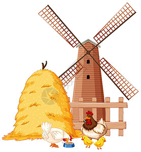 公鸡和母鸡有农场动物和酒吧的农场场景风景风车卡通片谷仓公鸡艺术仓库国家干草绘画插画