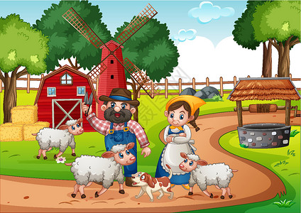 农场童谣场景中的老麦克唐纳羔羊童年活动国家动物群生物歌曲动物青年孩子插画