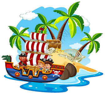 船骨架海盗和快乐的孩子们在海洋中航行的场景设计图片