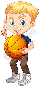 小男孩拍篮球拿着篮球的逗人喜爱的小男孩卡通人物运动情感学生活动绘画插图头发微笑青年行动设计图片