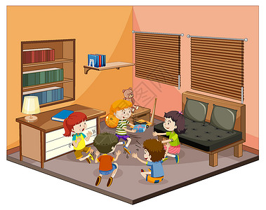带家具的客厅里的孩子孩子们友谊卡通片桌子展示插图家庭乐趣房子好朋友背景图片