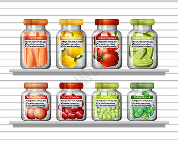 蔬菜货架不同罐子里的不同蔬菜和墙上架子上的罐头食品健康豆子店铺插图黄瓜艺术货架食物夹子烹饪设计图片