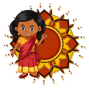 印度快乐女孩曼陀罗图案设计背景与印度女孩微笑植物瞳孔卡通片学生文化宗教涂鸦橙子孩子们卡片插画