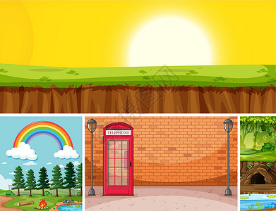 公园椅电话亭自然环境卡通风格中的四个不同场景砖墙太阳土地松树天空观光卡通片面具团体环境设计图片