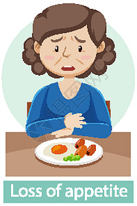 吃吐了具有食欲不振症状的卡通人物卫生食物药品教育疾病艺术学习疼痛损失女士插画