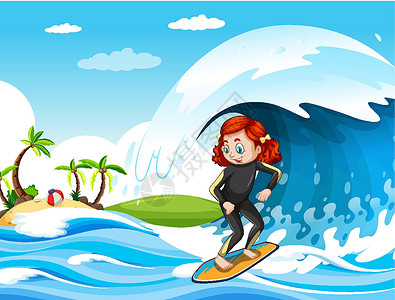 拿冲浪板女孩海洋场景中的大浪与站在冲浪野猪上的女孩孩子剪贴幼儿园学校卡通片天气边界男性指示牌爱好插画